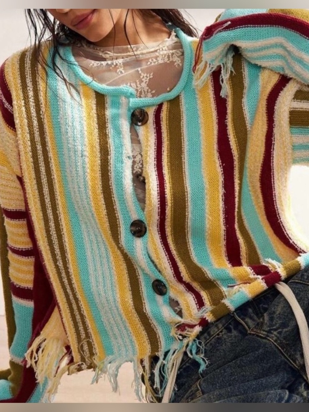 Striped Button-Front Raw Hem Fringed Cardigan Sweater Multicolor Medium